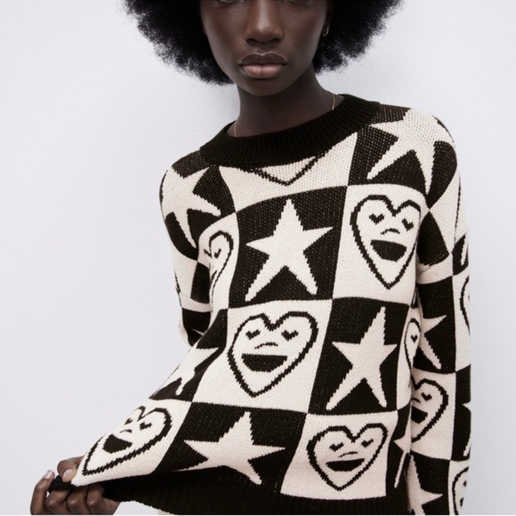 ZARA SMILING HEART AND STARS JACQUARD KNIT SWEATER - Picture 2 of 5